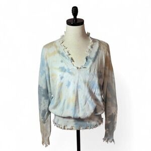 Tie Dye‎ V Neck Pullover Sweater Distressed Trim Knit Relaxed Fit